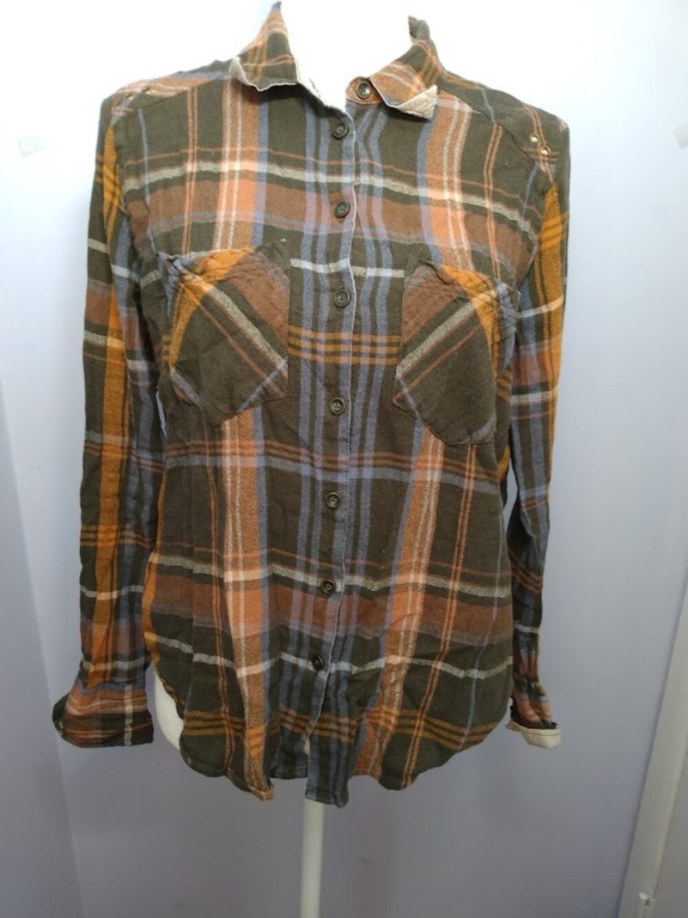 Free People Size XS Plaid Button Down Shirt Brown Grommets Western Rodeo